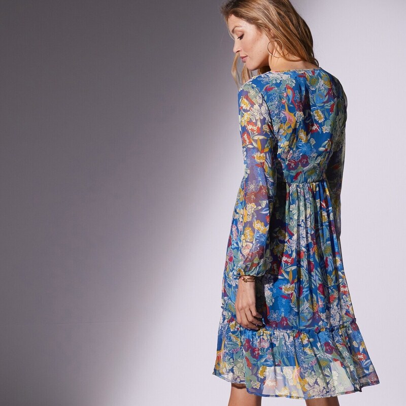Blancheporte Voálové šaty s hlubokým výstřihem a potiskem květin květy temně modrá/zelená 40