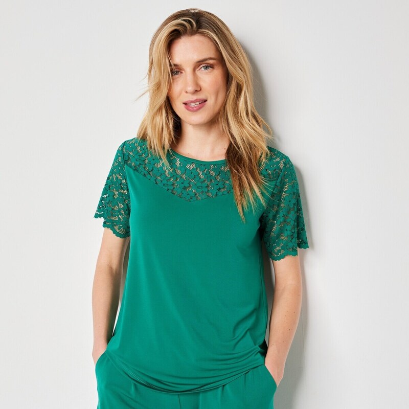 Blancheporte Jednobarevné tričko s krajkou smaragdová 42/44