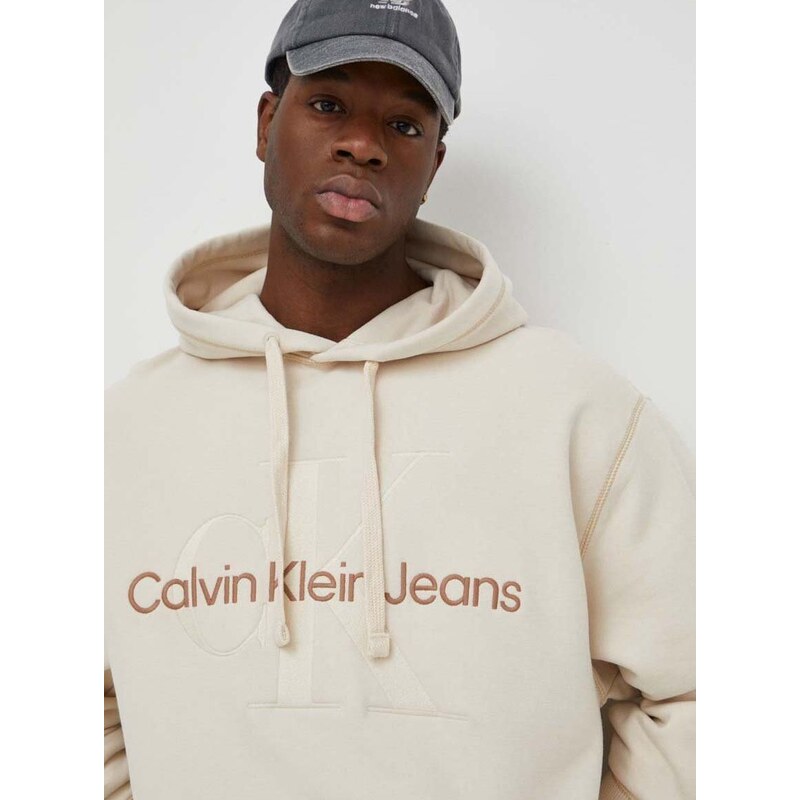 Bavlněná mikina Calvin Klein Jeans pánská, béžová barva, s kapucí, s aplikací