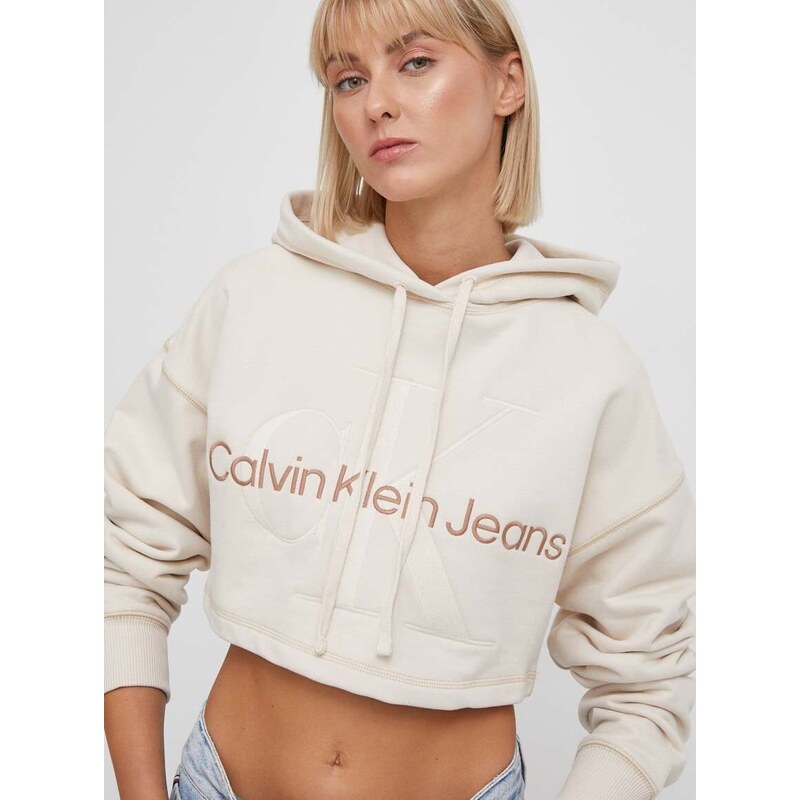 Bavlněná mikina Calvin Klein Jeans dámská, béžová barva, s kapucí, s aplikací