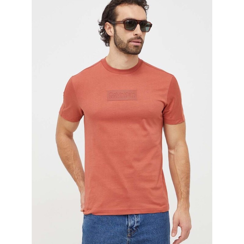 Bavlněné tričko Calvin Klein oranžová barva, s aplikací