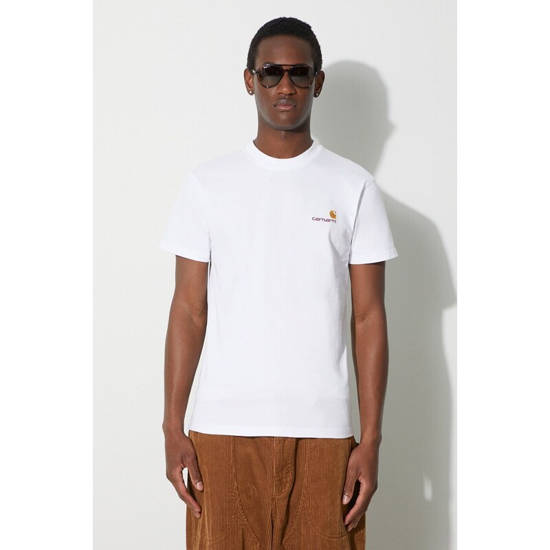 Bavlněné tričko Carhartt WIP S/S American Script T-Shirt bílá barva, s aplikací, I029956.02XX