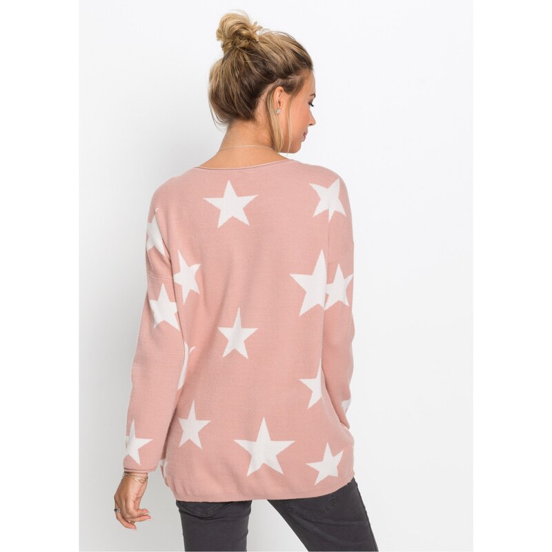 bonprix Pletený svetr s potiskem hvězd Růžová