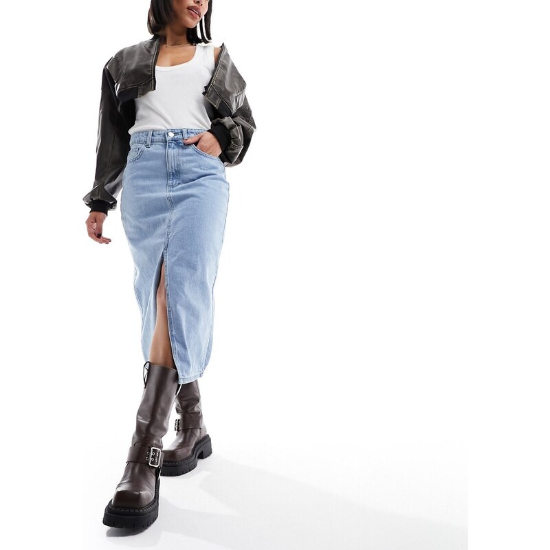 ONLY denim midi skirt with front split in light blue