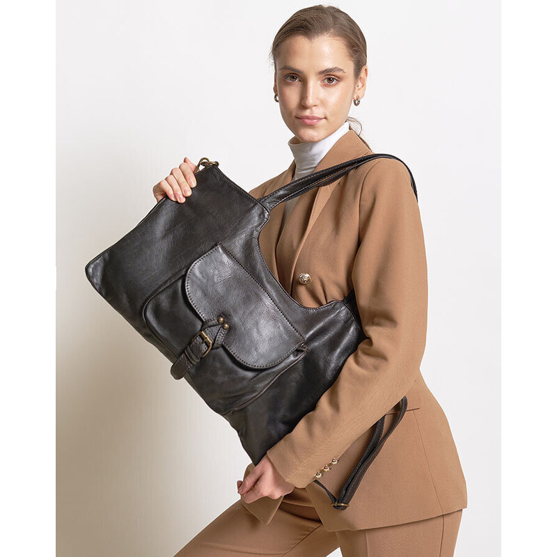 Kožená shopper městská taška ve stylu retro Kabelky od Hraběnky; černá