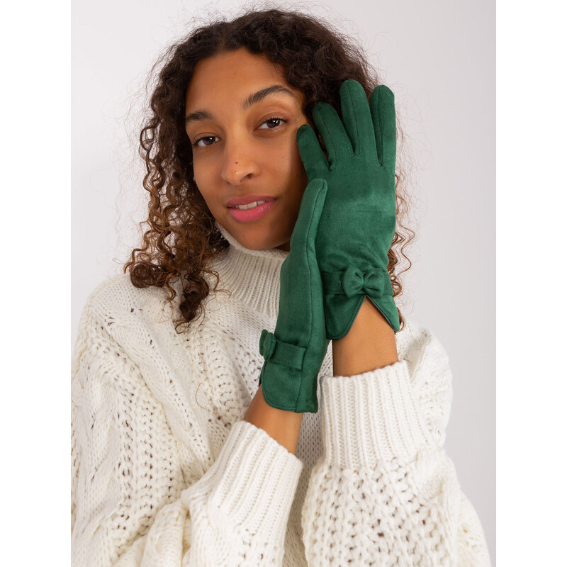 Fashionhunters Tmavě zelené elegantní rukavice s mašlí