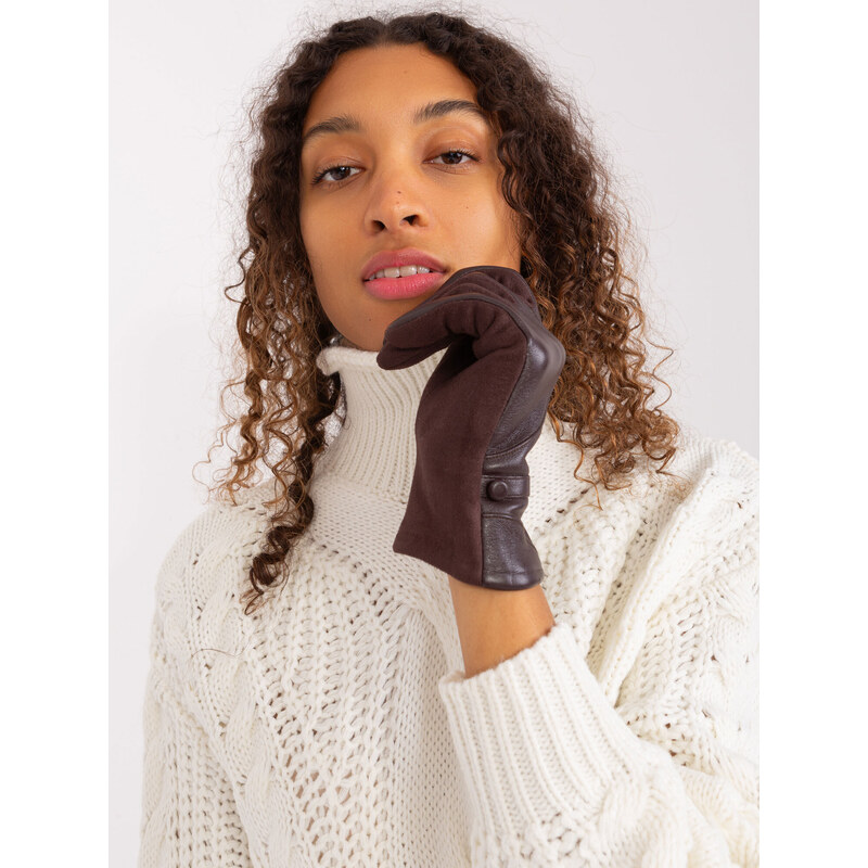 Fashionhunters Tmavě hnědé zimní rukavice s ekokůží