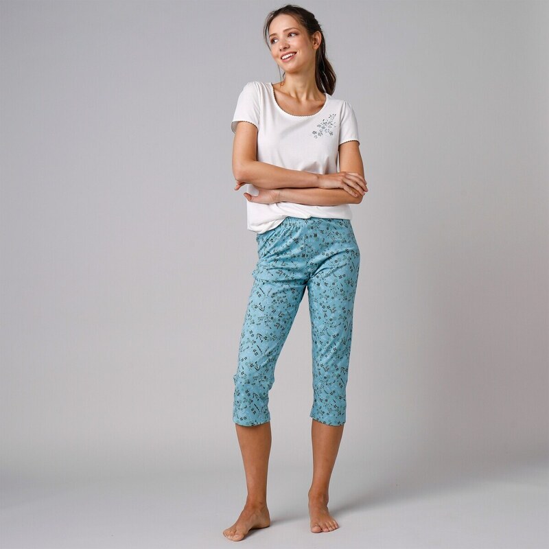 Blancheporte 3/4 pyžamové kalhoty s potiskem květin bledě modrá 46/48