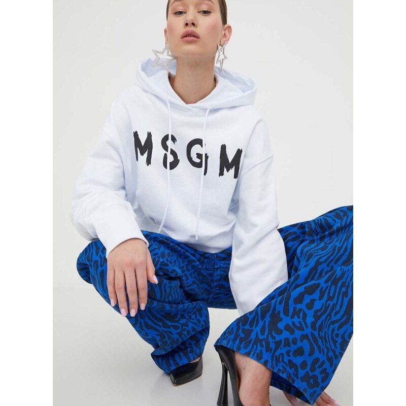 Bavlněná mikina MSGM dámská, bílá barva, s kapucí, s potiskem