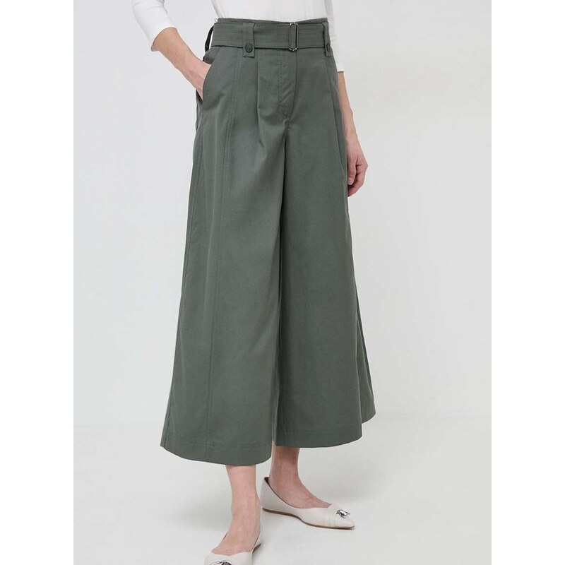 Bavlněné kalhoty Weekend Max Mara zelená barva, široké, high waist