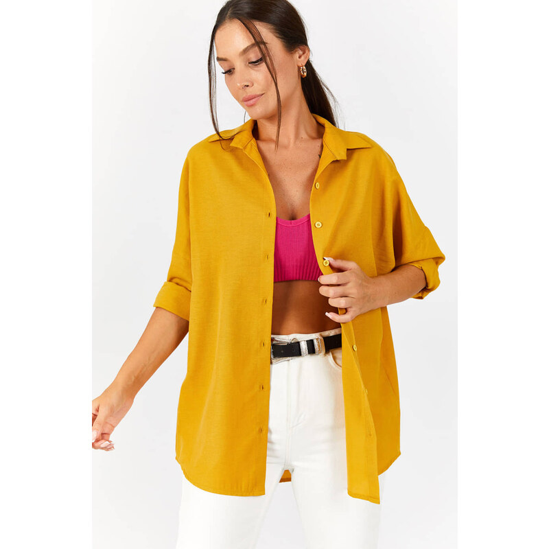 armonika Women's Mustard Oversize Long Basic Shirt