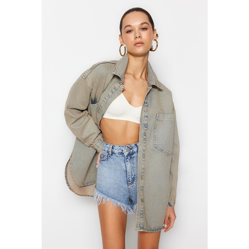 Trendyol Blue Faded Effect Vintage Oversize Denim Shirt Jacket