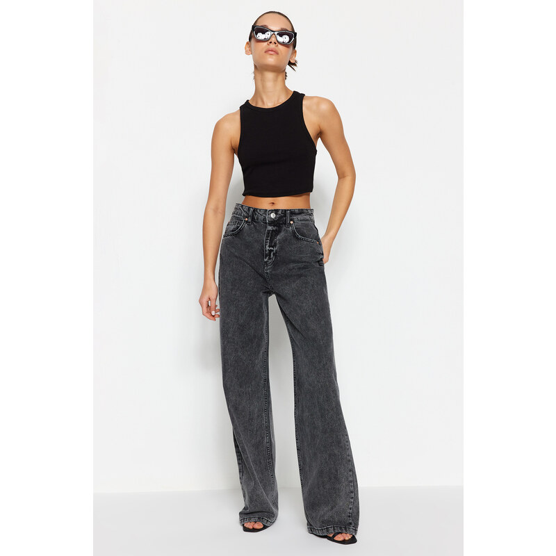 Trendyol Anthracite High Waist Široké džíny s nohavicemi