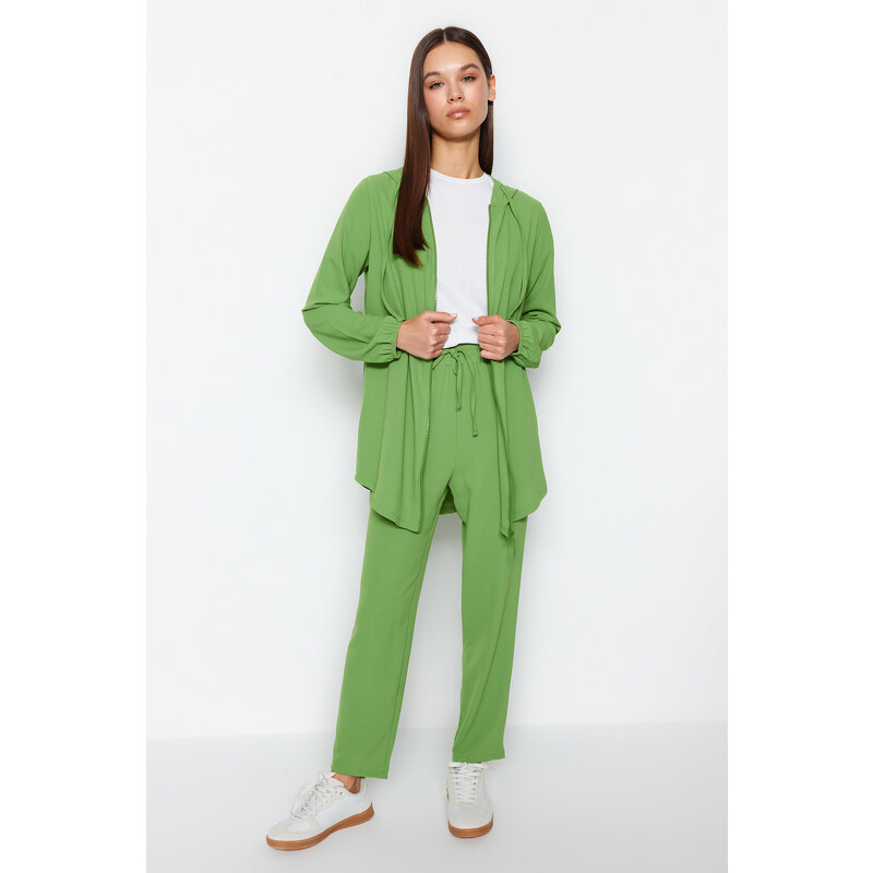 Trendyol Green Hooded Zippered Cardigan- Trousers Woven Two Piece Set