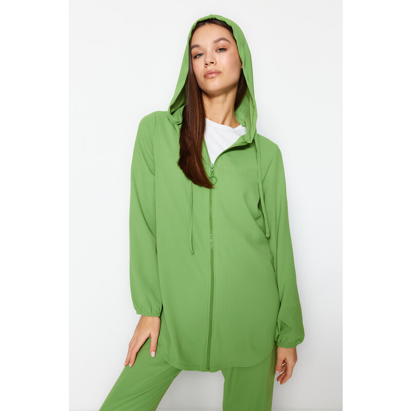 Trendyol Green Hooded Zippered Cardigan- Trousers Woven Two Piece Set