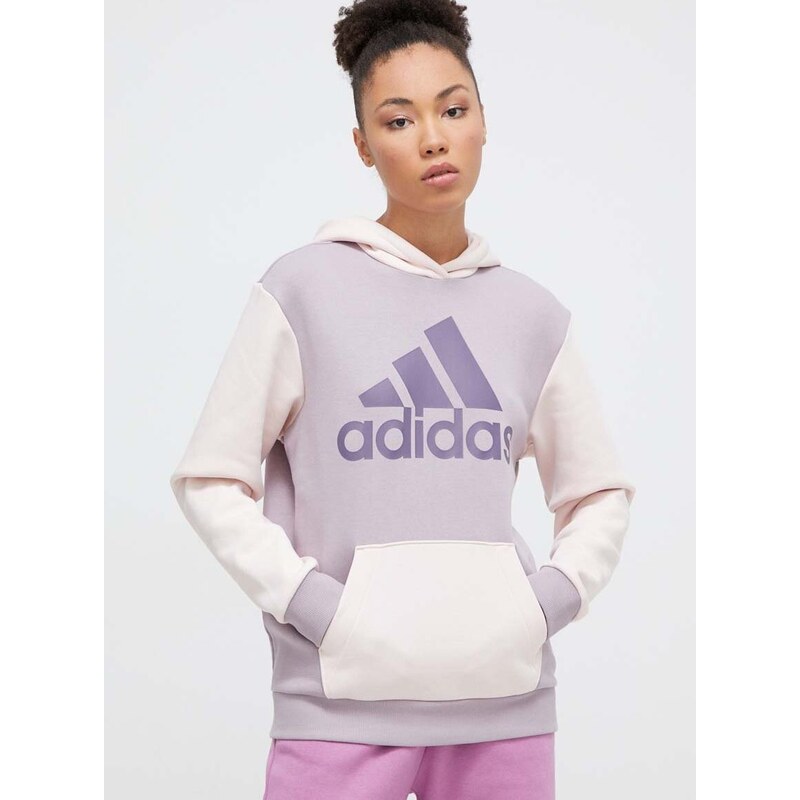 Mikina adidas dámská, fialová barva, s kapucí, s potiskem, IR9340