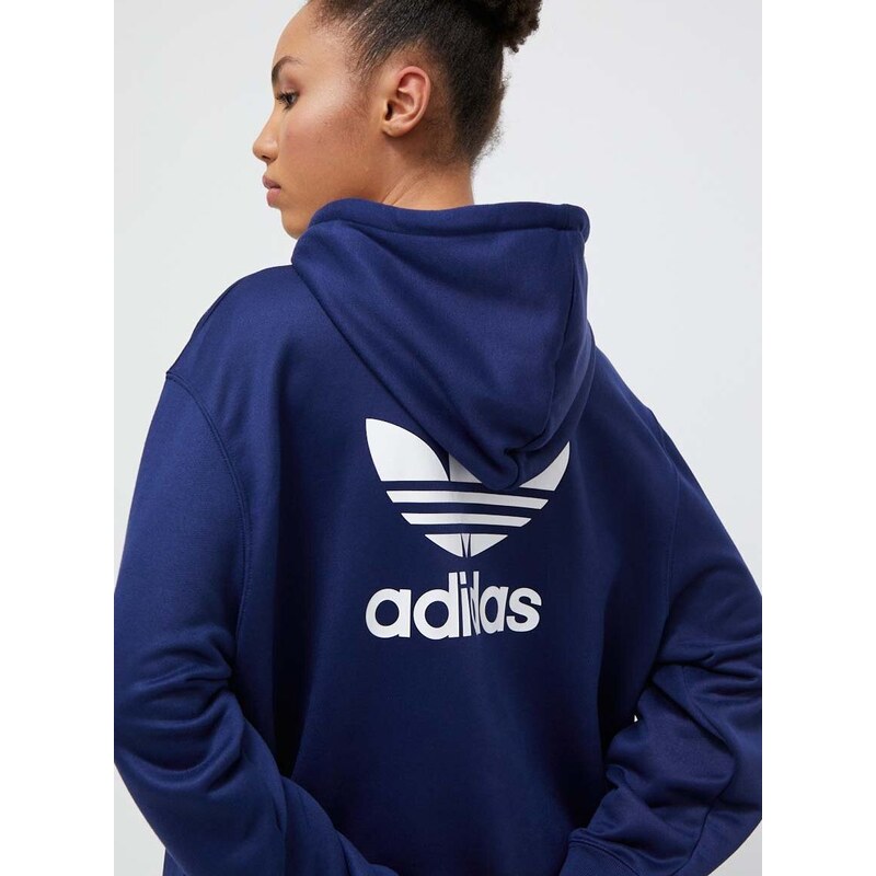 Mikina adidas Originals dámská, tmavomodrá barva, s kapucí, s potiskem, IP0584