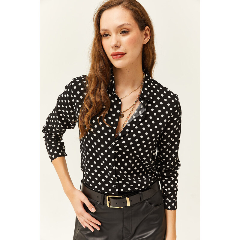 Olalook Women's Black Polka Dot Patterned Woven Viscose Shirt