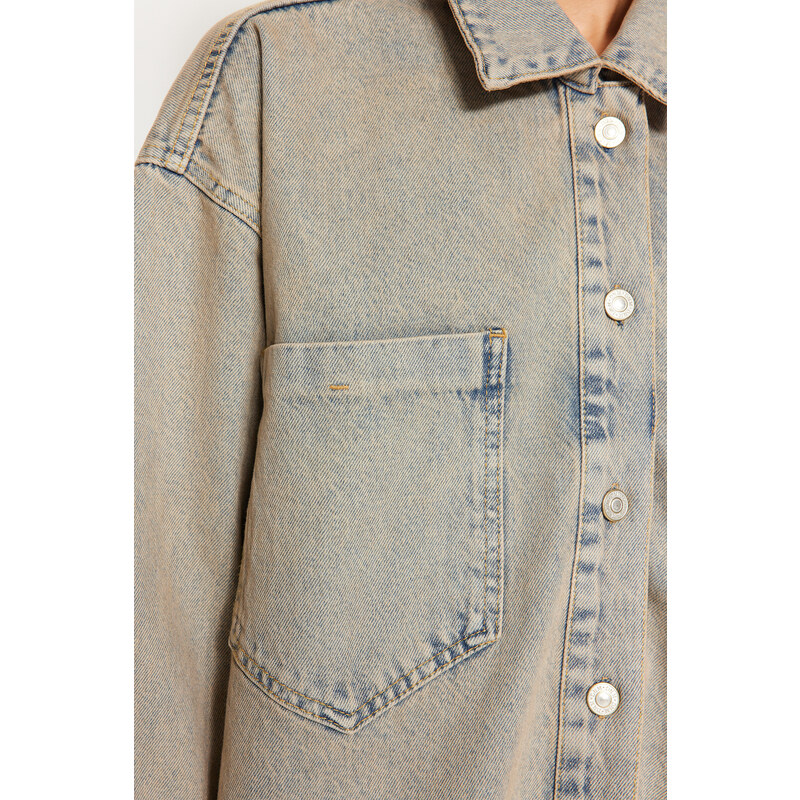 Trendyol Blue Faded Effect Vintage Oversize Denim Shirt Jacket