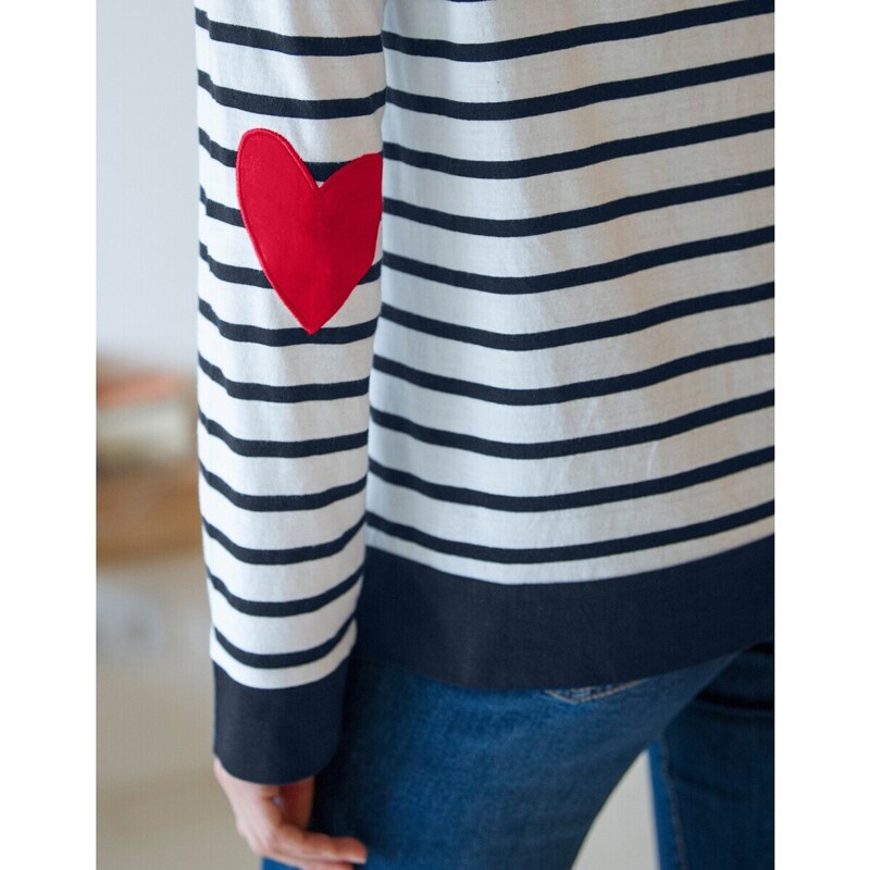 Blancheporte Pruhované tričko s nášivkami srdcí na loktech, bio bavlna bílá/modrá 52