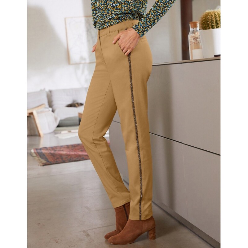 Blancheporte Chino kalhoty, třpytivé lampasy hořčicová 88622610