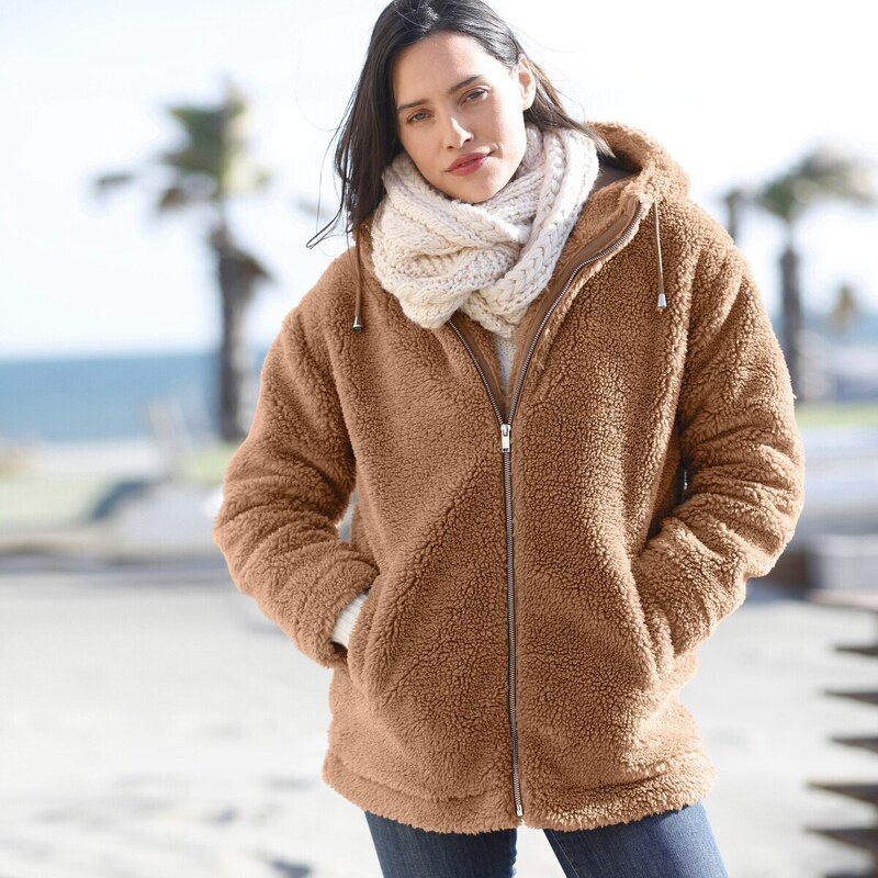 Blancheporte Buklé kabát s kapucí, na zip karamelová 46