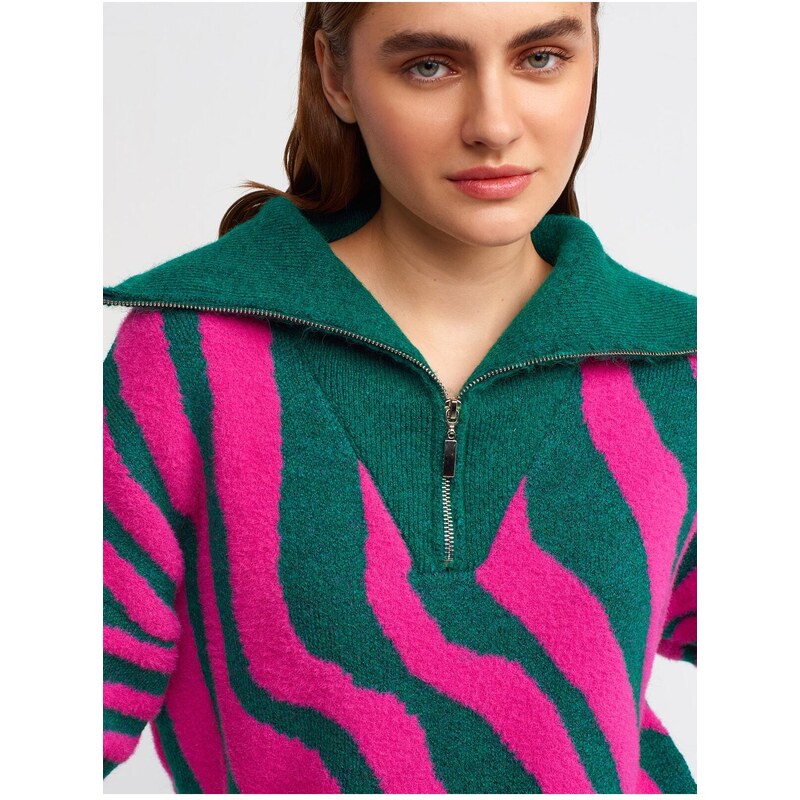 Dilvin 10282 Truck Neck Zippered Sweater-emerald-f.