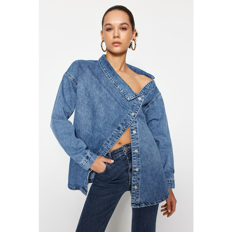 Trendyol Blue Asymmetric Collar Detailed Denim Shirt