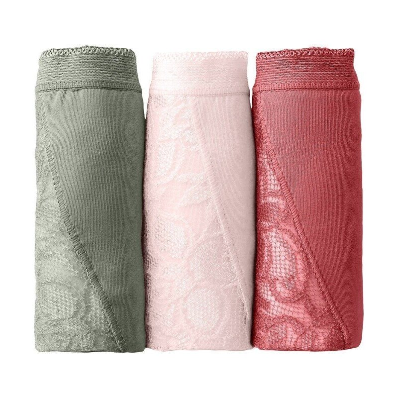 Blancheporte Sada 3 kalhotek super maxi z pružné bavlny s krajkou khaki+růžová+terakota 38/40