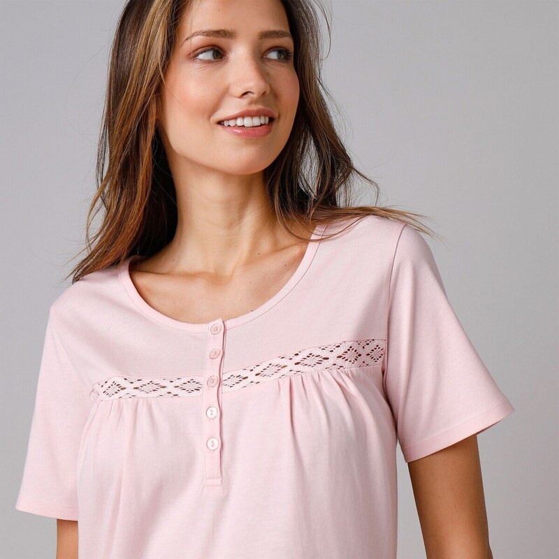 Blancheporte Jednobarevná dlouhá noční košile s krátkými rukávy růžová 50