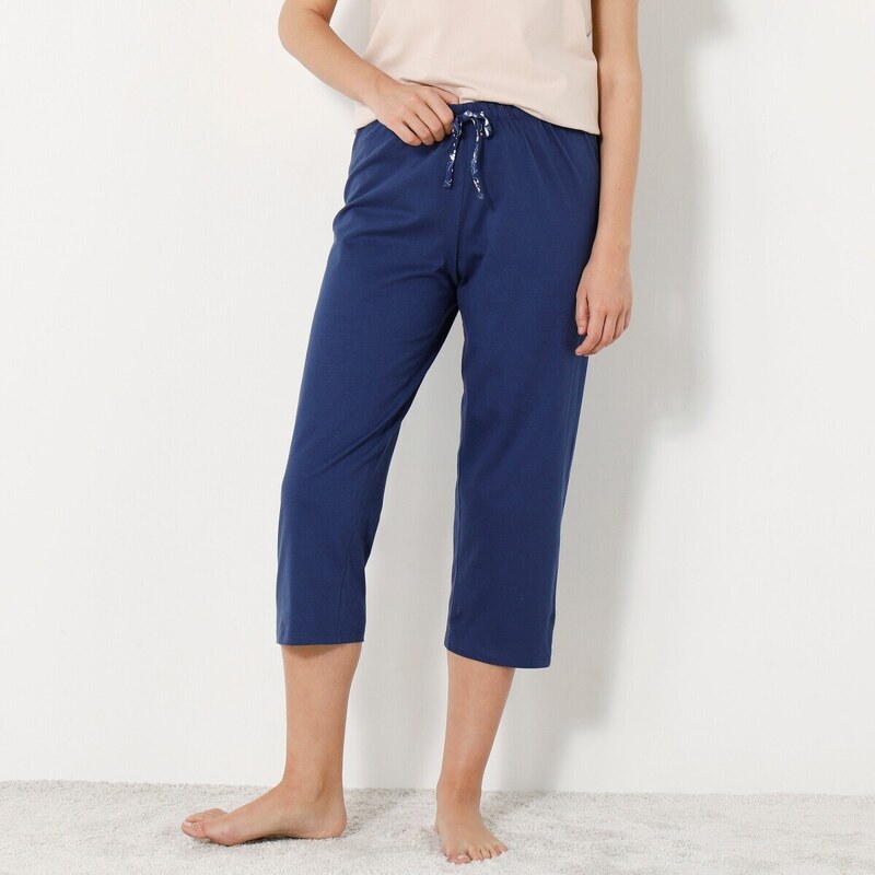 Blancheporte Jednobarevné 3/4 pyžamové kalhoty s mašlí s potiskem květin nám. modrá 54