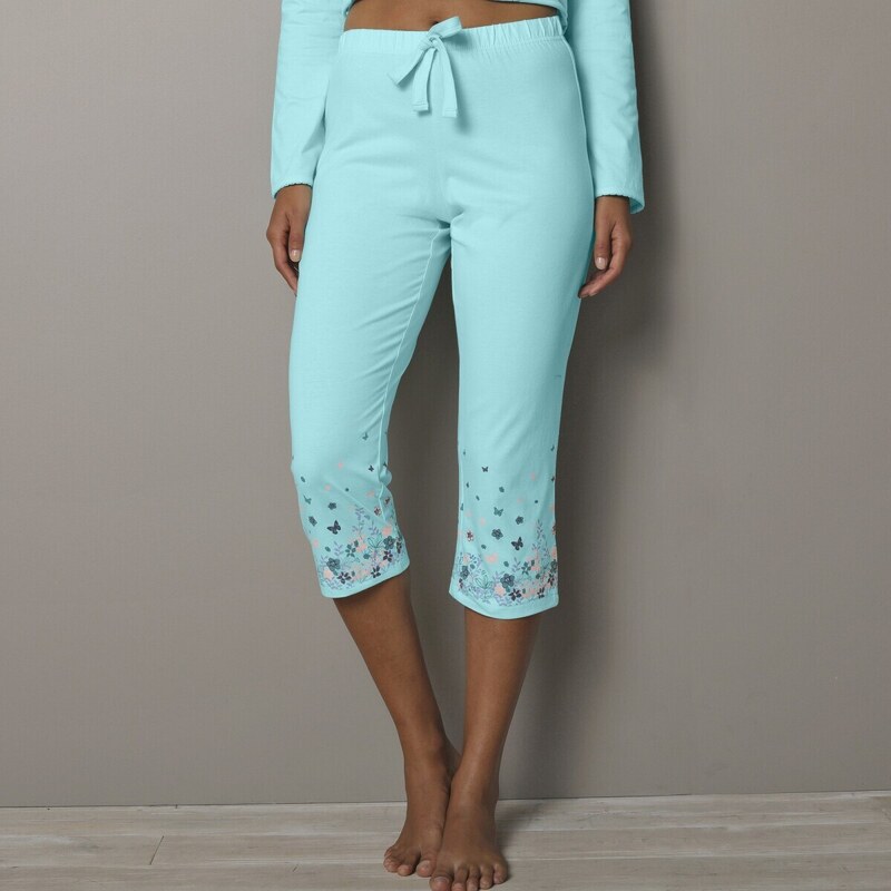 Blancheporte 3/4 pyžamové kalhoty s potiskem květin na koncích nohavic bledě modrá 50