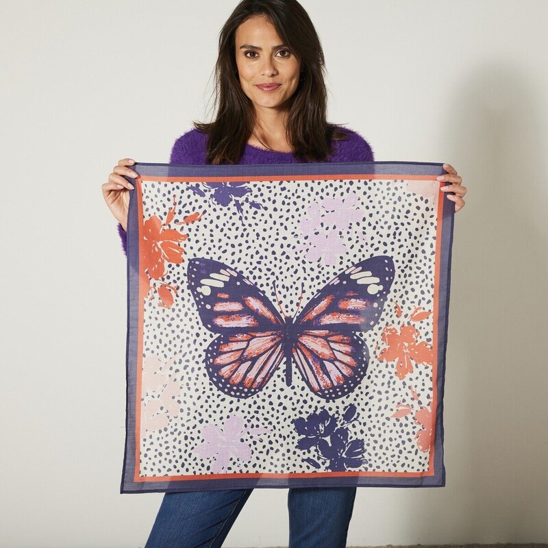 Blancheporte Šátek s potiskem motýla 70 x 70 cm, vyrobeno ve Francii režná/korálová