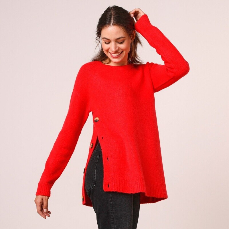 Blancheporte Rovný pulovr s postranními knoflíky červená 34/36
