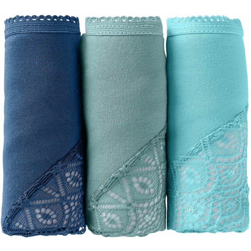 Blancheporte Sada 3 kalhotek maxi ze strečové jednobarevné bavlny a krajky modrá+nám.modrá+šedá 34/36