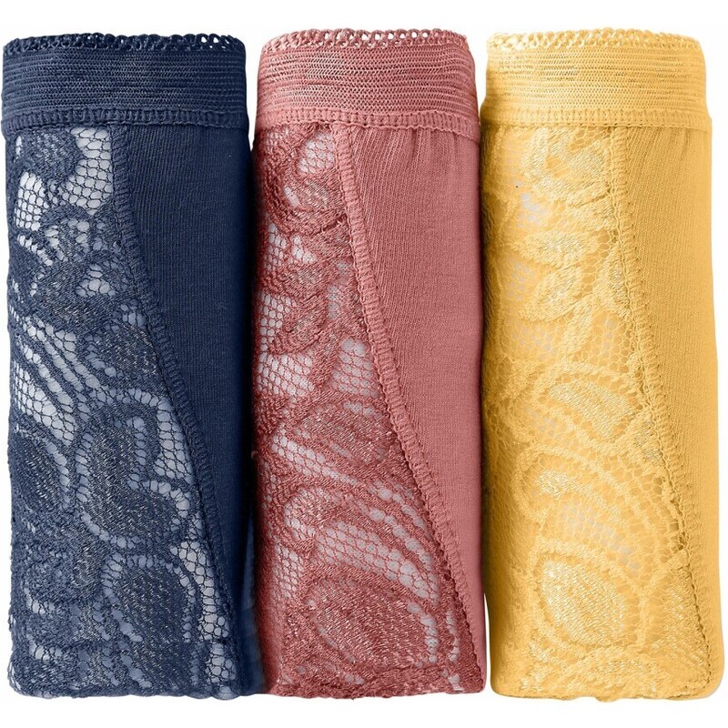 Blancheporte Sada 3 kalhotek midi z pružné bavlny s krajkou nám.modrá+terakota+žlutá 34/36