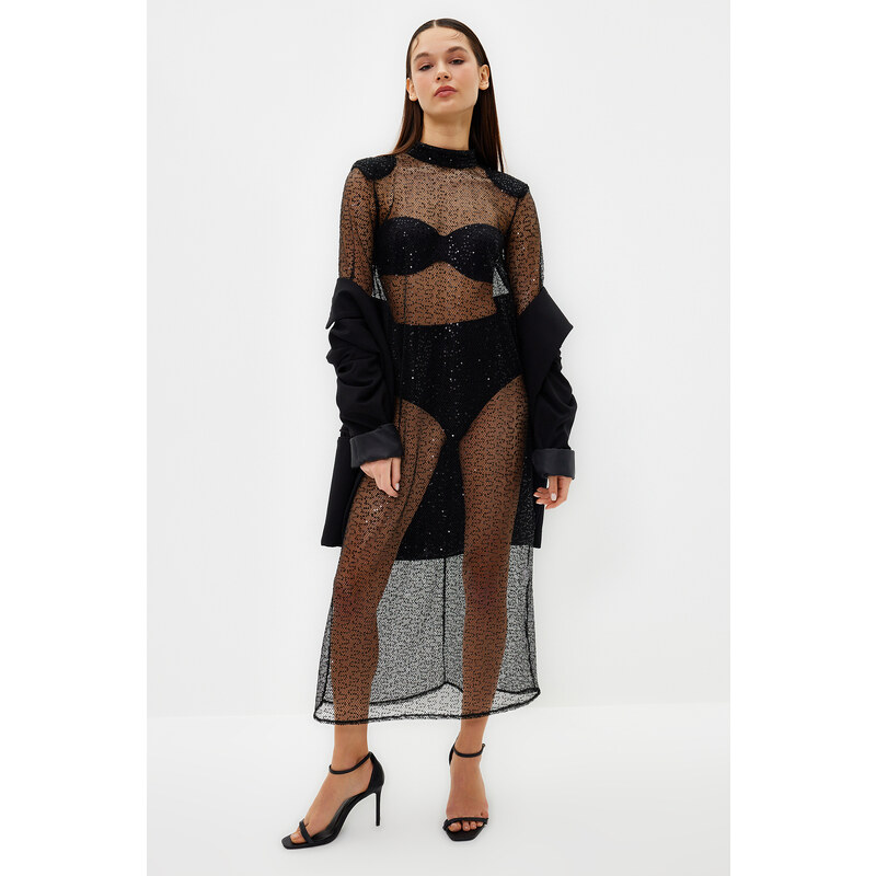 Trendyol Black Padded Sequin Transparent Elegant Evening Dress