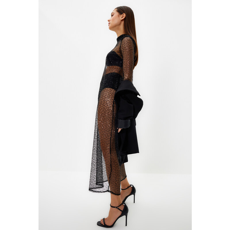 Trendyol Black Padded Sequin Transparent Elegant Evening Dress