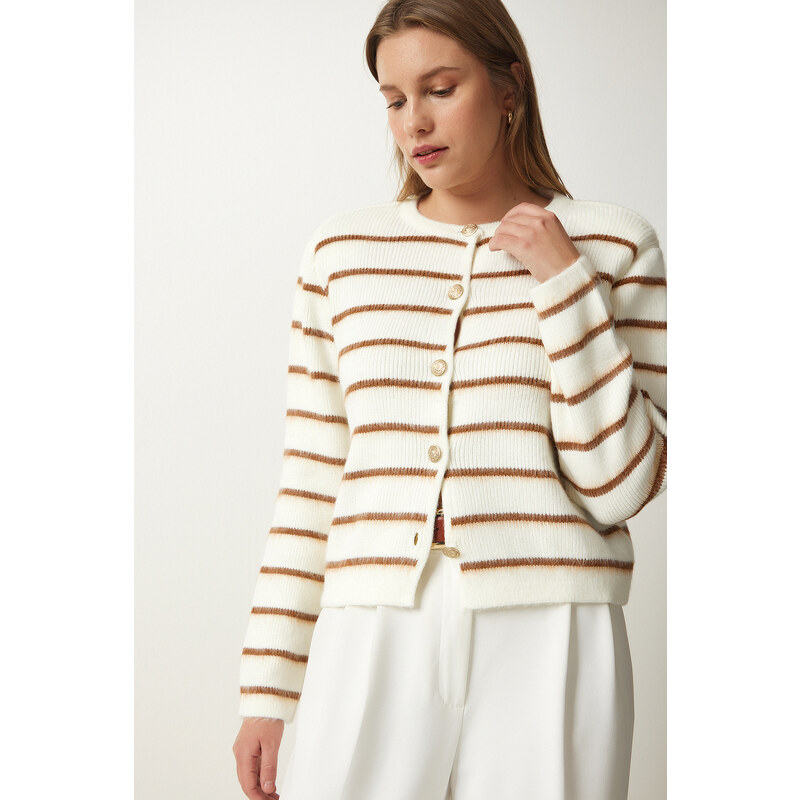 Happiness İstanbul Women's Bone Brown Stylish Buttoned Striped Knitwear Cardigan