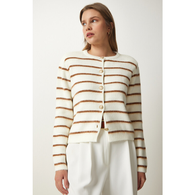 Happiness İstanbul Women's Bone Brown Stylish Buttoned Striped Knitwear Cardigan