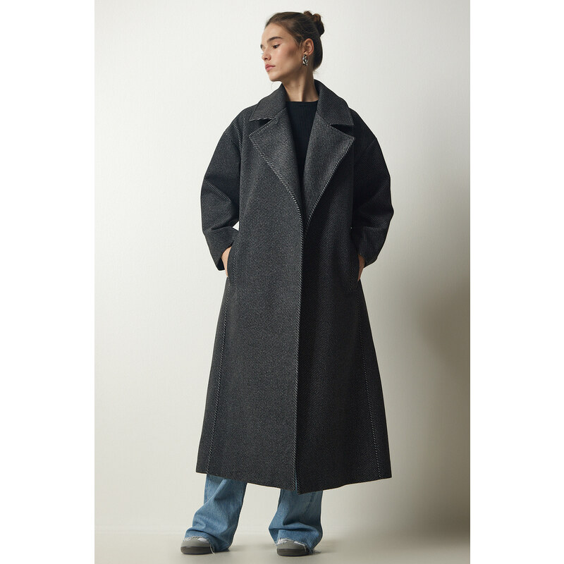 Happiness İstanbul Women's Anthracite Premium Double Breasted Collar Woolen Long Cachet Coat