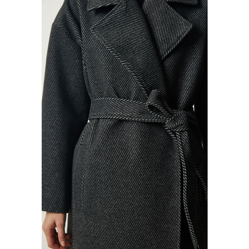 Happiness İstanbul Women's Anthracite Premium Double Breasted Collar Woolen Long Cachet Coat