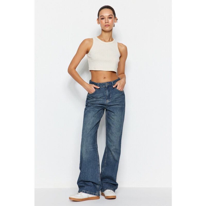 Trendyol Blue Pale Effect Vintage High Waist Wide Leg Jeans