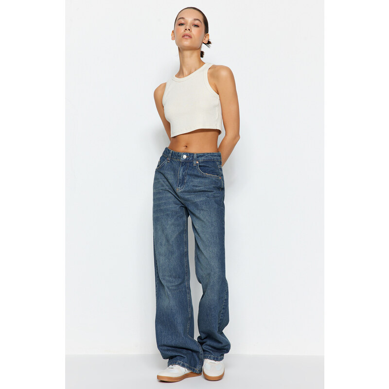 Trendyol Blue Pale Effect Vintage High Waist Wide Leg Jeans