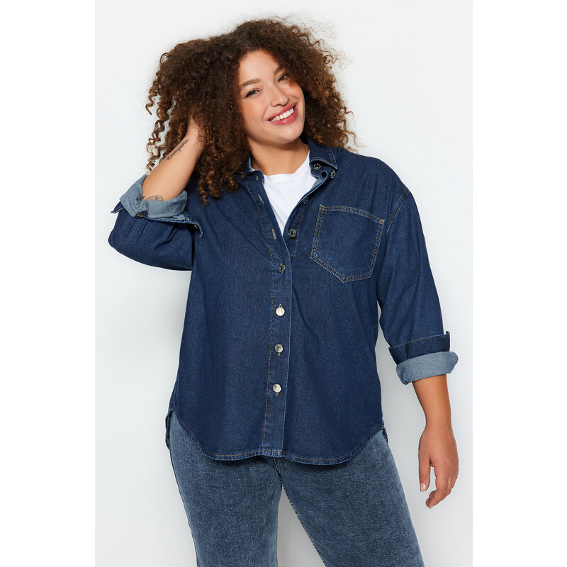 Trendyol Curve Dark Blue Oversize Denim Shirt