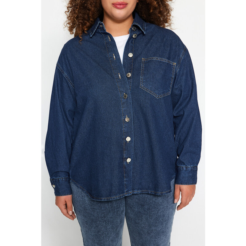 Trendyol Curve Dark Blue Oversize Denim Shirt