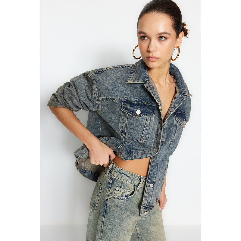 Trendyol Blue Faded Effect Vintage Oversize Denim Jacket