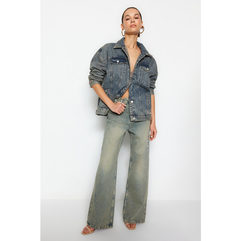 Trendyol Blue Faded Effect Vintage Oversize Denim Jacket