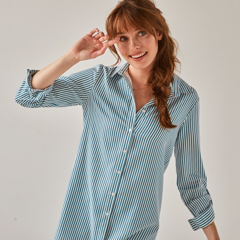 Blancheporte Prodloužená košile z krepu, proužkovaná modrá/bílá 44