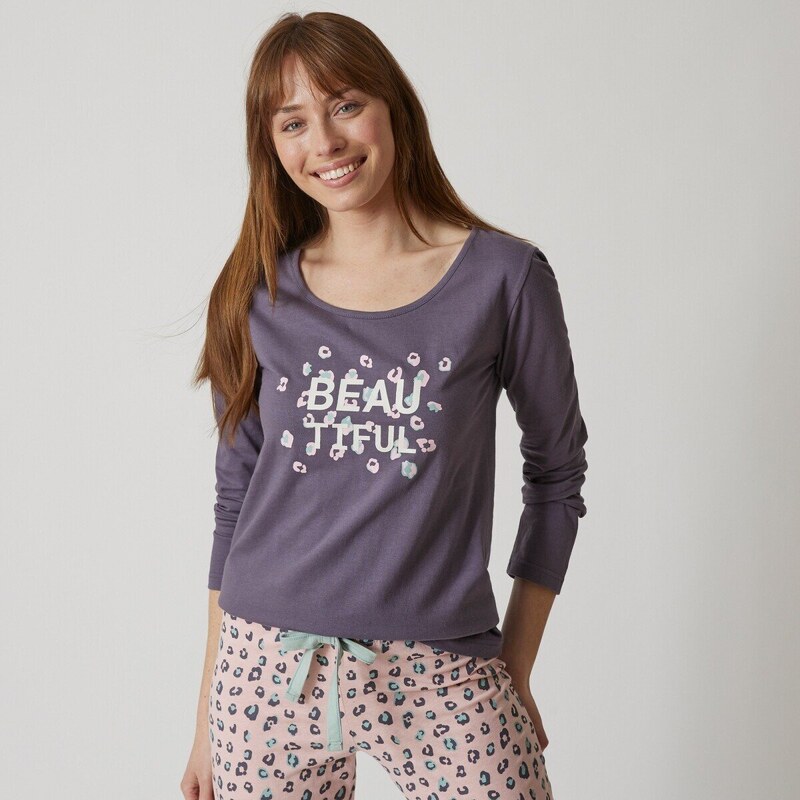 Blancheporte Pyžamové tričko s dlouhými rukávy a středovým potiskem "Beautiful" antracitová šedá 46/48